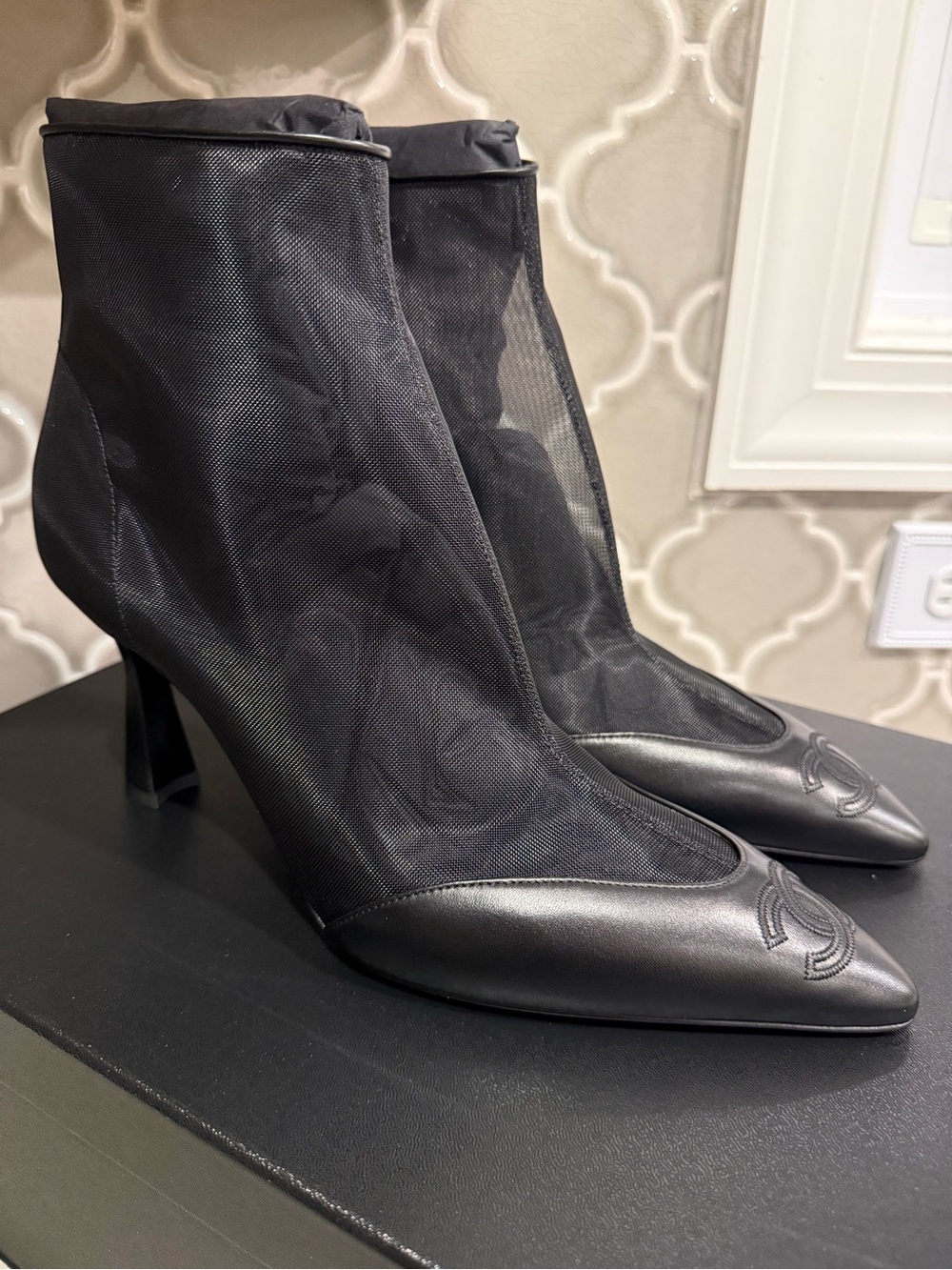 BNWT 26B Chanel Black Mesh and Lambskin Short Boots, Size 42